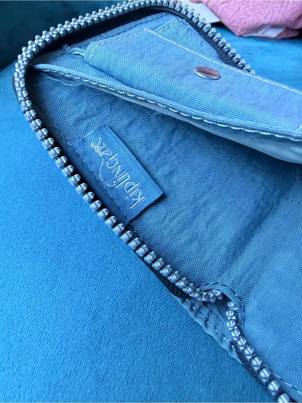 Kipling Light Blue Canvas Zip Wallet with Logo Patch